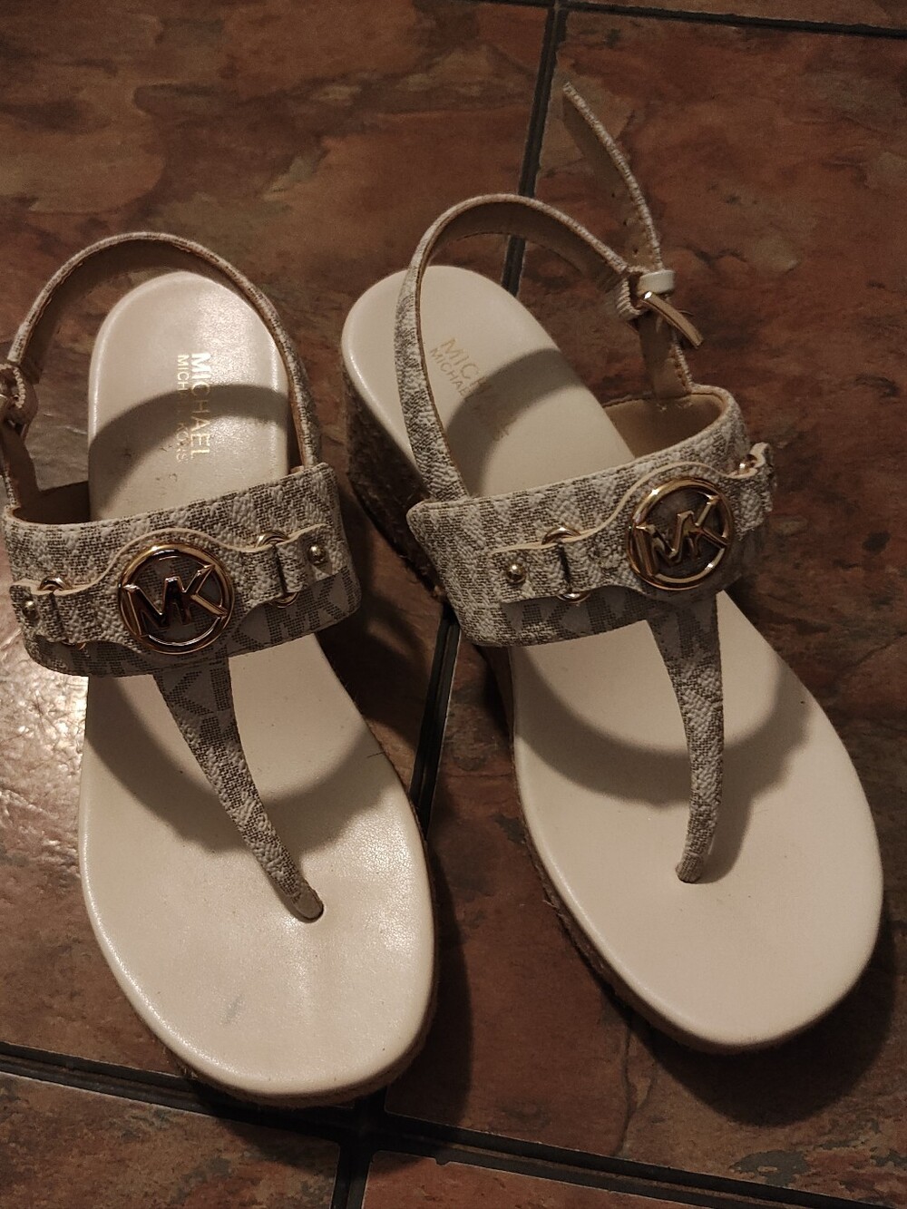 Michael Kors Beige/Tan Logo Thong Wedge Sandals